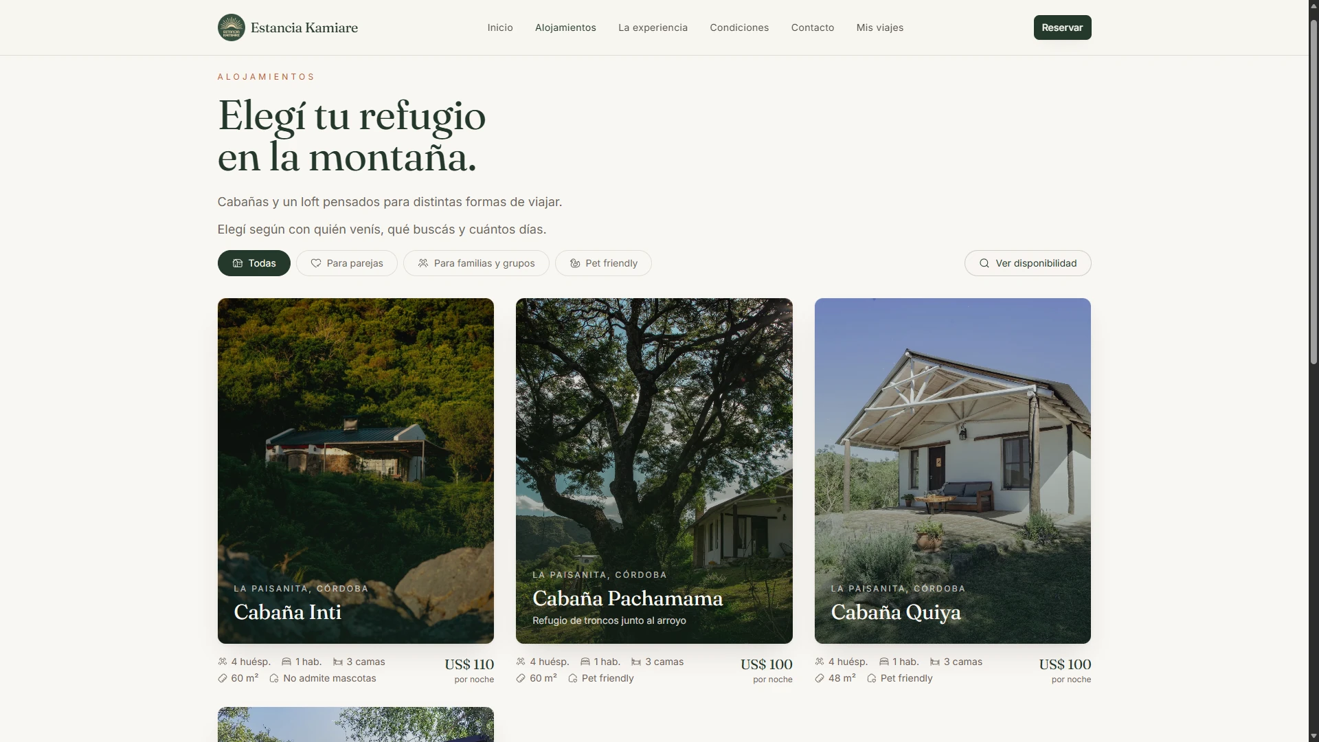 Cabin catalog and availability filters.