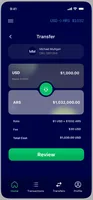Transfer review with USD-to-ARS conversion.