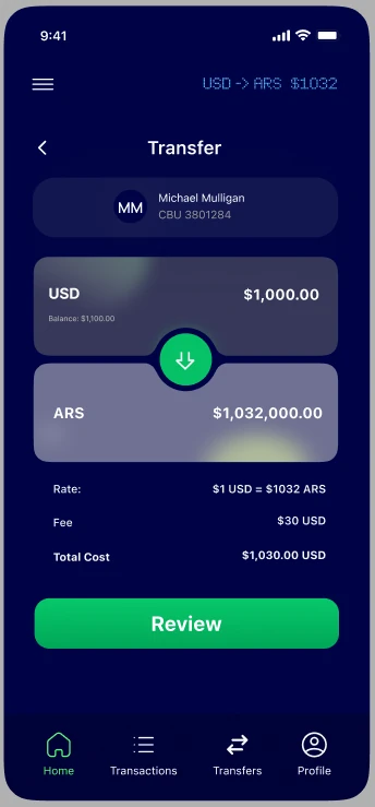 Transfer review with USD-to-ARS conversion.