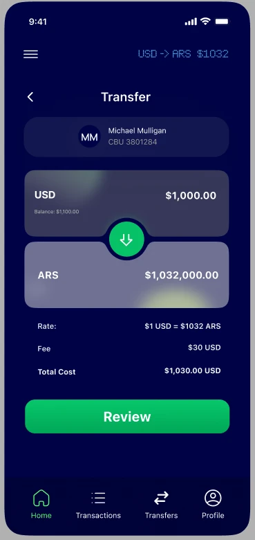 Transfer amount, exchange rate and fee review.
