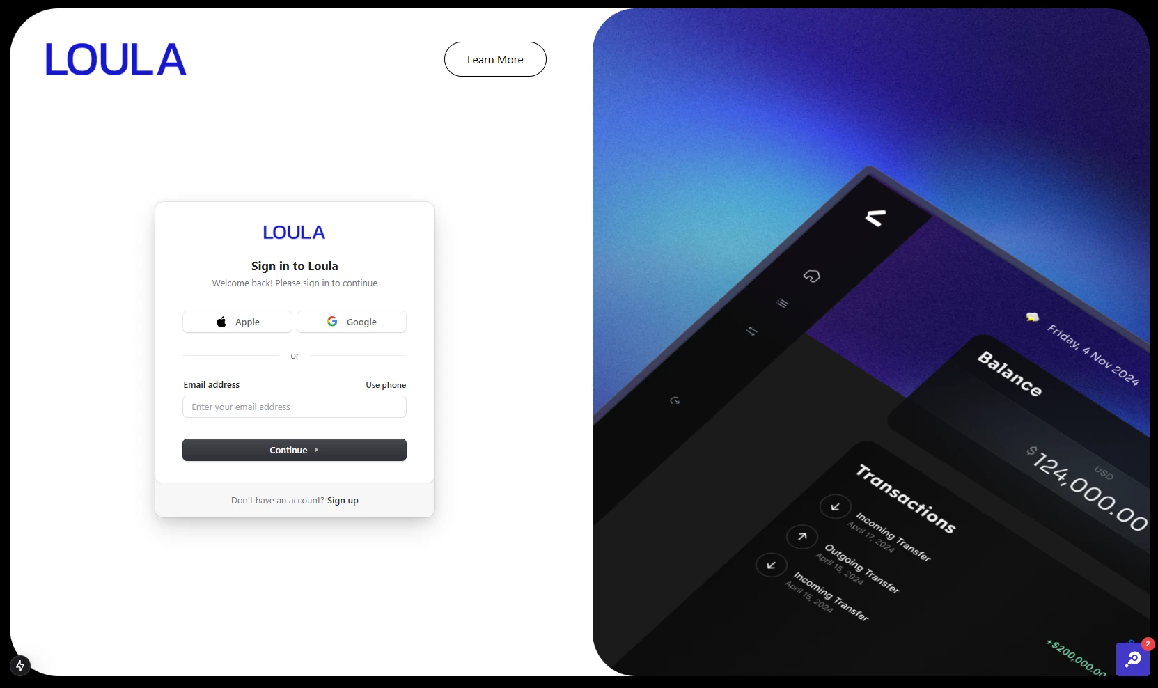 Loula business application: sign-in experience.