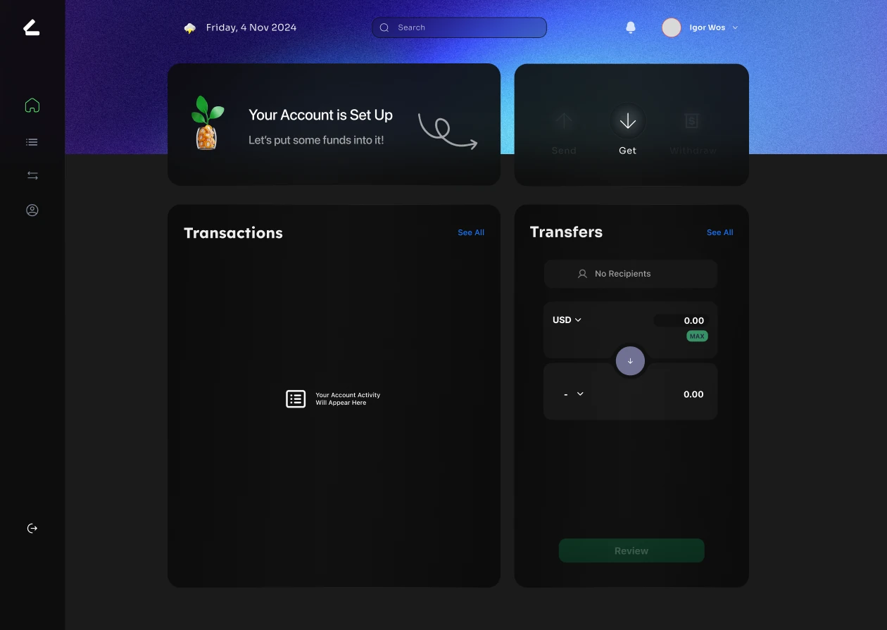 Account setup and first transaction dashboard.