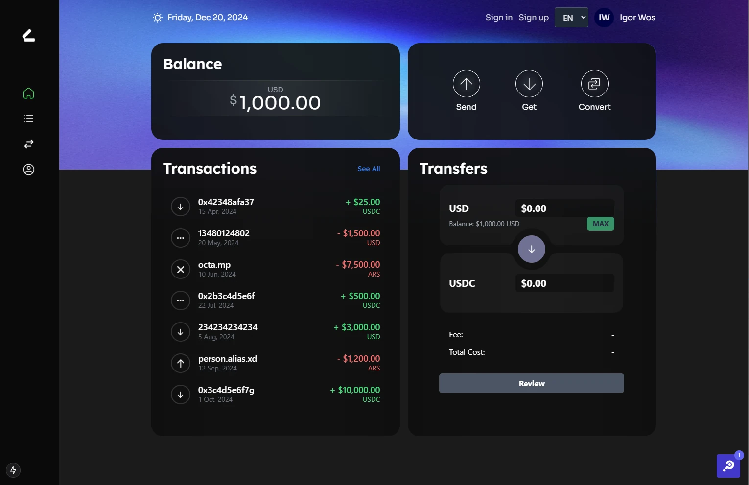 Balances, transactions and currency conversion.