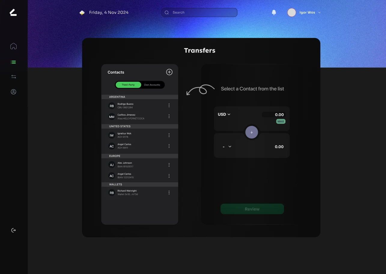 Recipients and international transfer workflow.