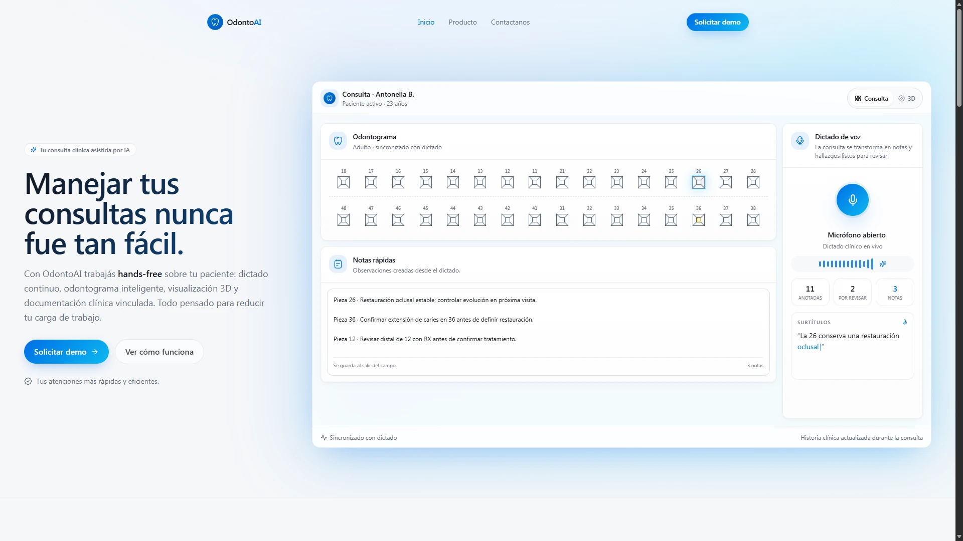 OdontoFlows: dental product website and consultation preview.