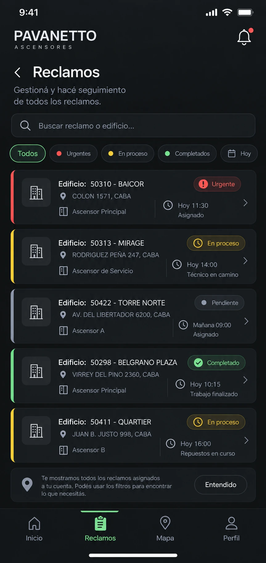 Maintenance requests and job status.